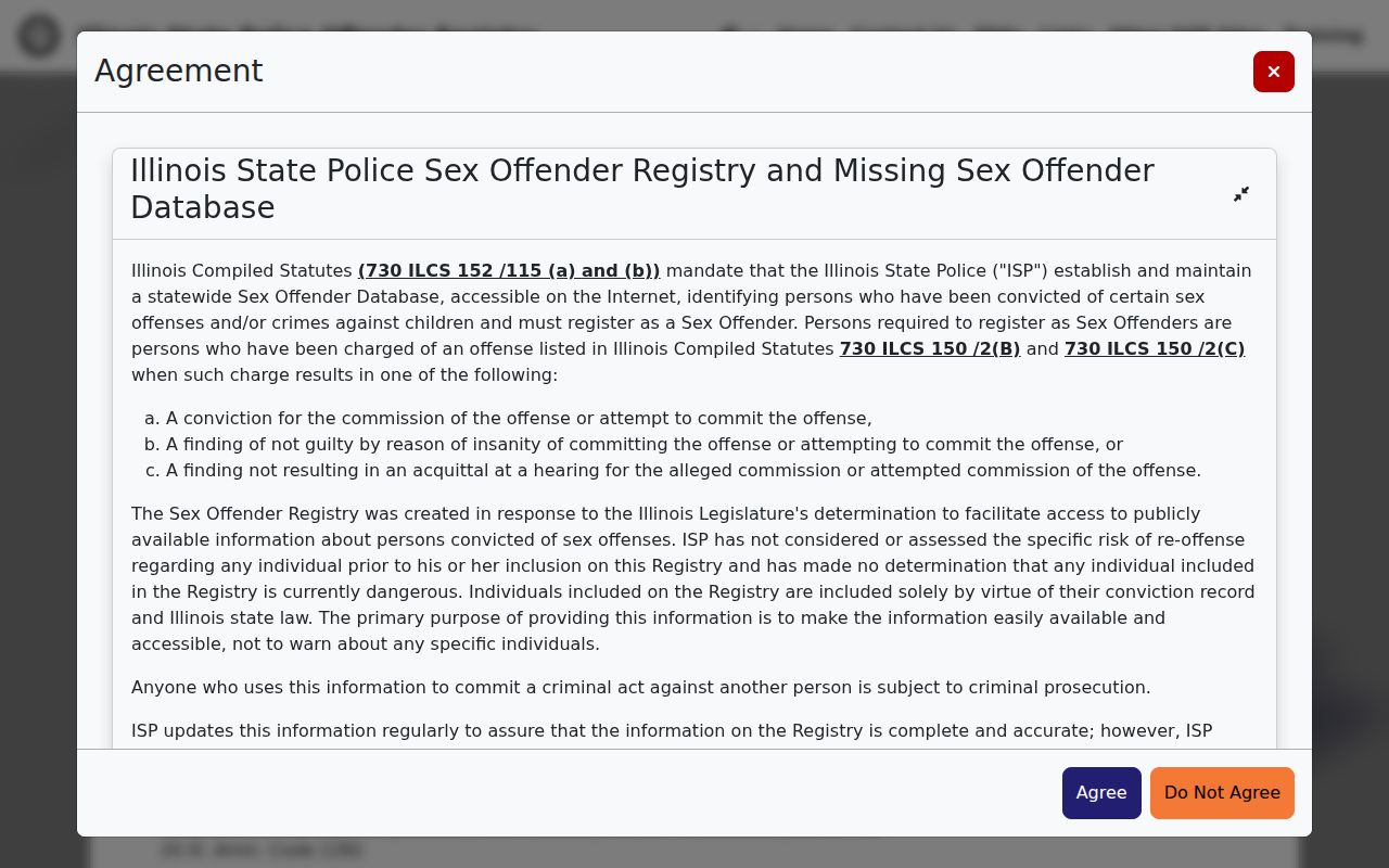 Illinois State Police registry entry screen for lawful Elmhurst resident research